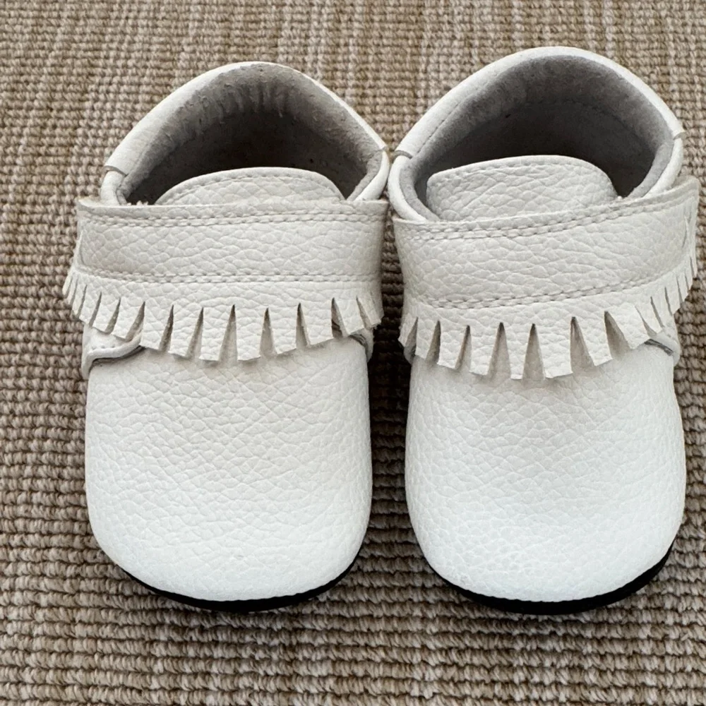 Jack and Lily by Mocs White Baby Leather Moccasin Shoes with Fringe